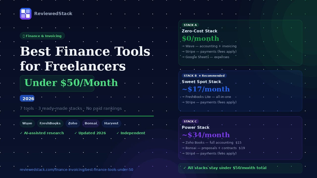 Best finance tools for freelancers under $50 per month in 2026 showing three stack options from $0 to $34 by ReviewedStack