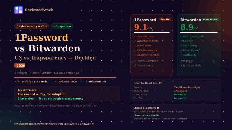 1Password vs Bitwarden 2026 comparison showing 1Password 9.1 and Bitwarden 8.9 scores with head-to-head results across UX security price and open source features by ReviewedStack