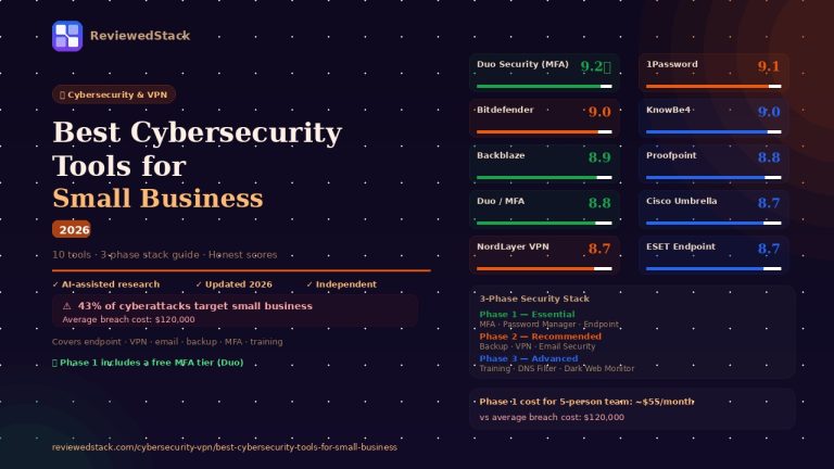 Best cybersecurity tools for small business 2026 showing 10 tools including Duo Security MFA, 1Password, Bitdefender with 3-phase security stack guide by ReviewedStack