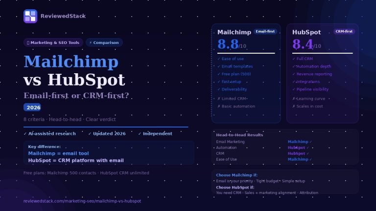 Mailchimp vs HubSpot 2026 comparison showing Mailchimp 8.8 and HubSpot 8.4 scores with head-to-head results and choose-if guide by ReviewedStack