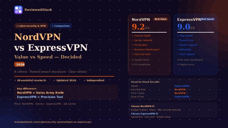 NordVPN vs ExpressVPN 2026 comparison showing NordVPN 9.2 and ExpressVPN 9.0 scores with head-to-head results across speed security price and ease of use by ReviewedStack